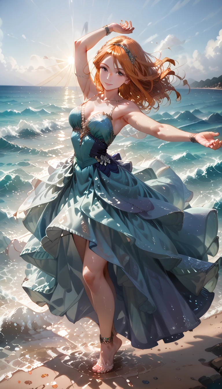 (Dancers on the Sea Surface:1.2), with graceful arms outstretched and twirling shiny_white_skirt, water dress, graces on the Golden_Sea Surface in a breathtaking ultravarium realism , full body panorama, the sunset, bathed in (hues_orange and hue_red)light , sun casts its warm_glow across the scene, reflecting off the shimmering ocean waves,. the dancer's form is intricately detailed, every curve and muscle visible in this high-definition, realistic rendering, detailed textured Splash on the Sea Surface beneath her feet seems to come alive as the sunlight dances upon it, while the sky above is alive with vivid hue_ultraviolet that add an ethereal quality to the scene, She (Dancing on the Sea Surface),8k 16k ,uhd,masterpiece, trending on artstation