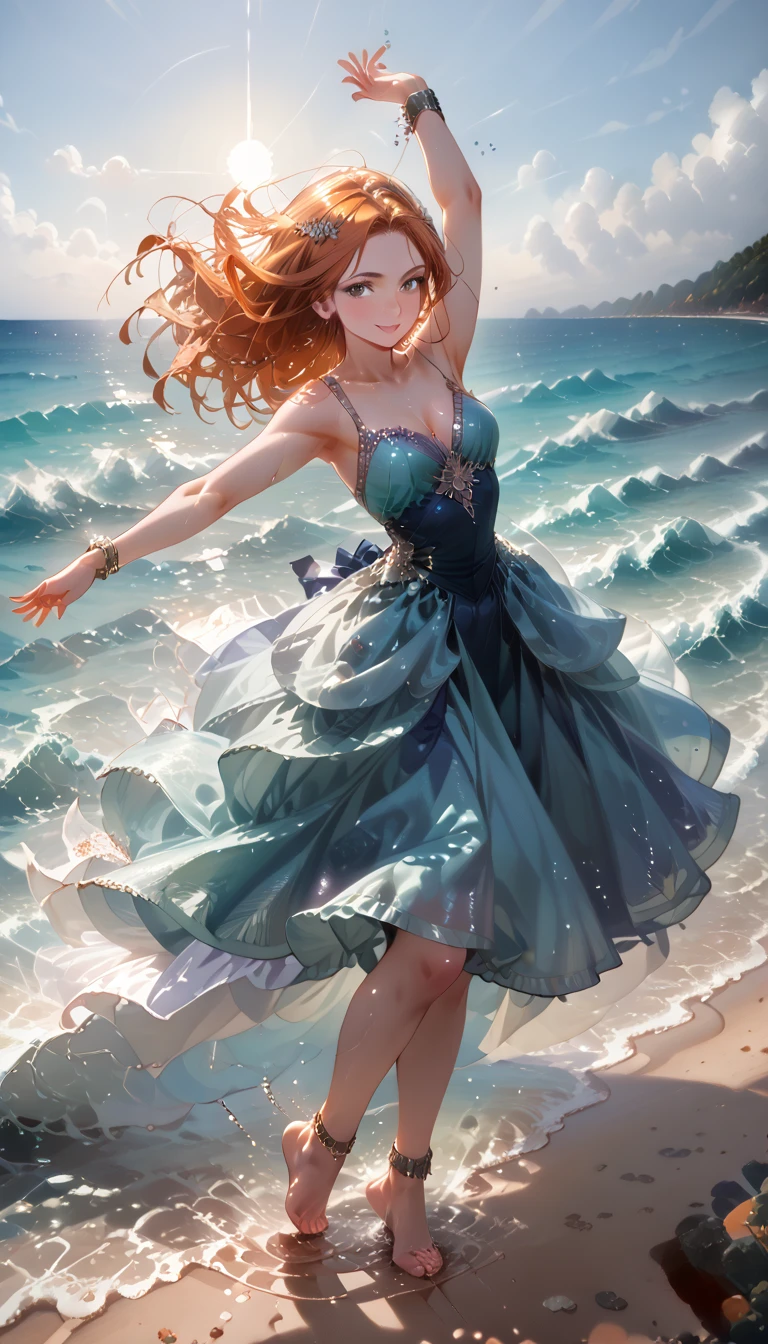 (Dancers on the Sea Surface:1.2), with graceful arms outstretched and twirling shiny_white_skirt, water dress, graces on the Golden_Sea Surface in a breathtaking ultravarium realism , full body panorama, the sunset, bathed in (hues_orange and hue_red)light , sun casts its warm_glow across the scene, reflecting off the shimmering ocean waves,. the dancer's form is intricately detailed, every curve and muscle visible in this high-definition, realistic rendering, detailed textured Splash on the Sea Surface beneath her feet seems to come alive as the sunlight dances upon it, while the sky above is alive with vivid hue_ultraviolet that add an ethereal quality to the scene, She (Dancing on the Sea Surface),8k 16k ,uhd,masterpiece, trending on artstation