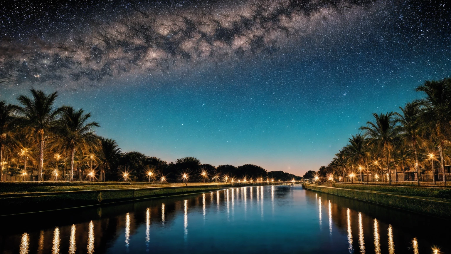 A tranquil canal under a starry night sky, the water reflecting the shimmering stars above, creating an illusion of a mirrored universe.