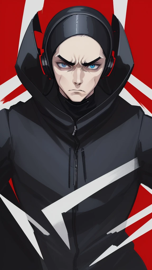 1 man in a balaclava mask, almond eyes, light blue eyes, thick and furrowed black eyebrows, pale skin, intimidating look, black hoodie, military jacket, military headphones, bright red background, old military clothing, 2D illustration style, detailed face, dramatic lighting, cinematic, masterpiece, high resolution, 8k, best quality, daddy, big man, fit body, muscle. 