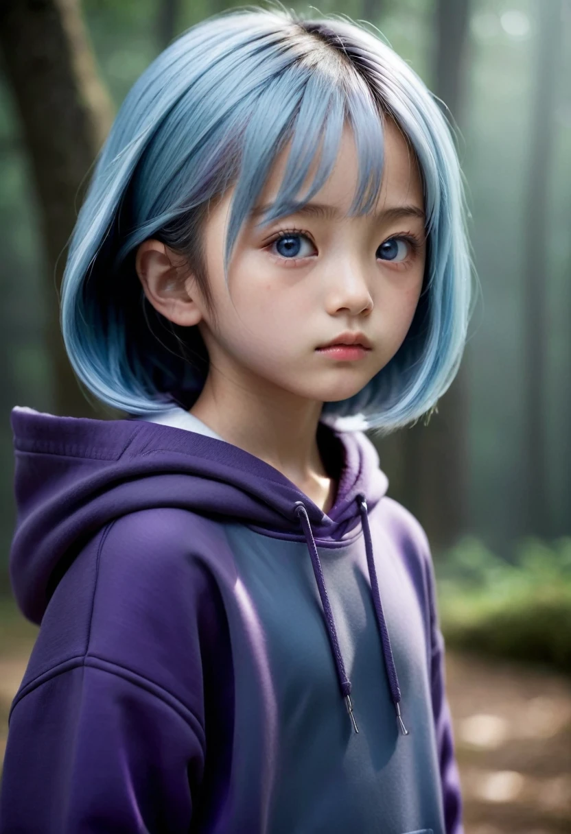 An amazing, realistic and photo-realistic masterpiece of a 7-year-old Japanese girl with short light blue hair, purple eyes, and wearing a black hoodie. The girl has a beautifully detailed face with a serious look and long eyelashes. Her hair is floating in a novafrogstyle and she has a cute, mature face with a small breasts. The image is extremely detailed, with finely detailed fingers, eyes, nose, and thigh. The lighting is soft and the girl is looking at the viewer. The background is a misteriously dark with horror mist, giving a horror and ghostly atmosphere. The resolution is 2k, but the image is so detailed that it feels like an 8k wallpaper. NegativePrompt: Please do not include any nudity, NSFW content, paintings, sketches, low-quality images, monochrome or grayscale images, skin spots, acnes, skin blemishes, age spots, outdoor scenes, ugly faces, fat bodies, missing fingers, extra fingers, extra arms, extra legs, or open chests.