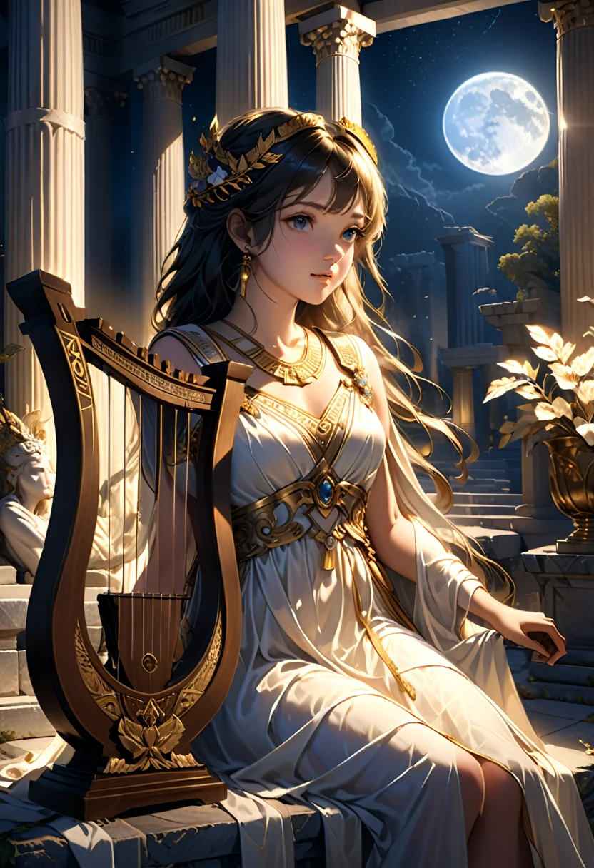 a young priestess, sitting, playing a large lyre, ancient Greek temple, late at night, inside the temple it is (dark:1.3) and there is (no lighting:1.2), the moonlight shines in at an angle, shining a faint light on her., highly detailed, photorealistic, realistic lighting, intricate architecture, ornate decorations, cool color palette, golden accents, soft fabric textures, mesmerizing expression, elegant pose, cinematic composition, natural lighting, realistic shadows, mystical atmosphere, hyperrealistic, award-winning art