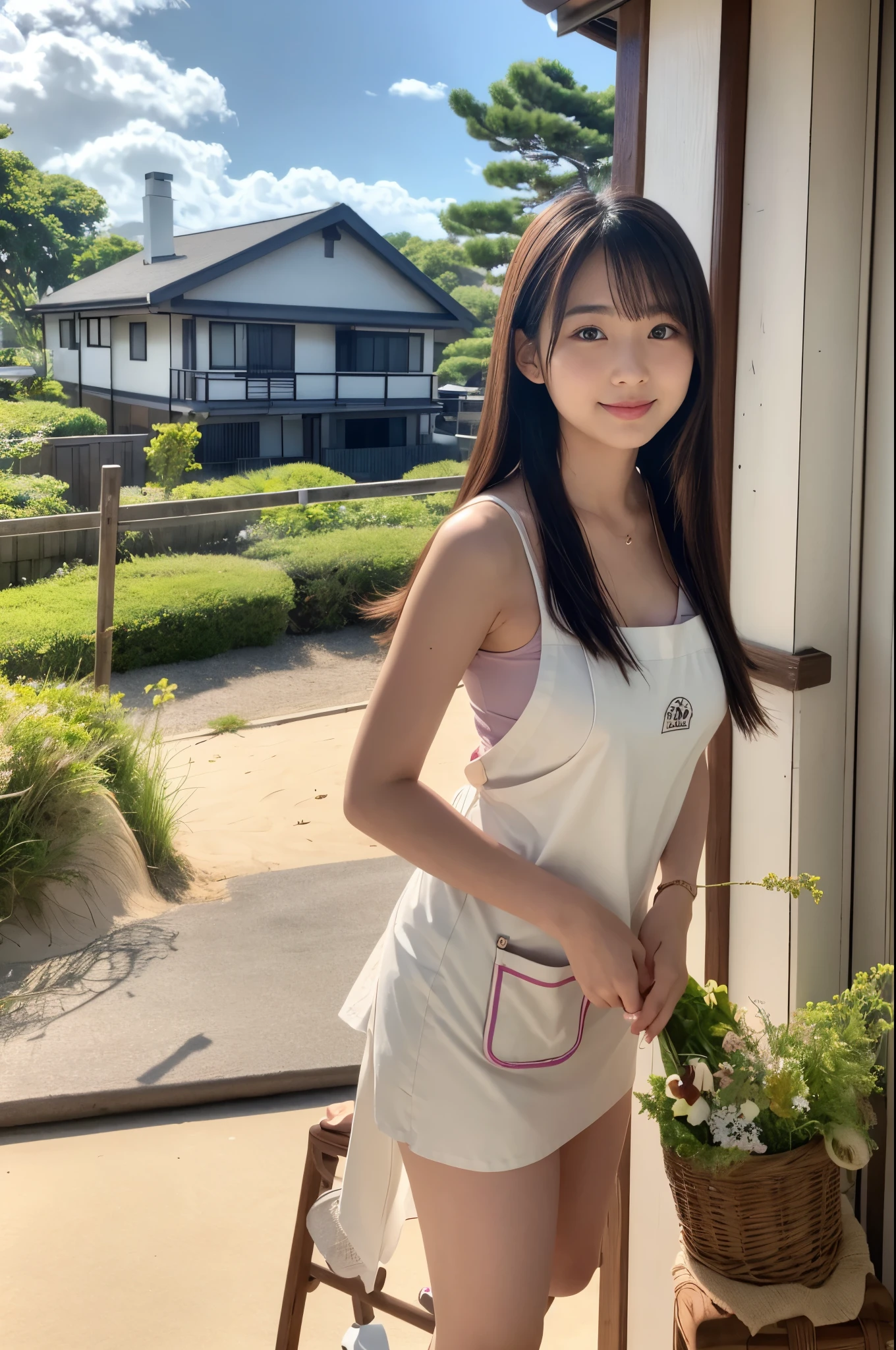 Pretty 22 year old woman(Japanese face)Wearing an apron and a super miniskirt、Being at the beach house