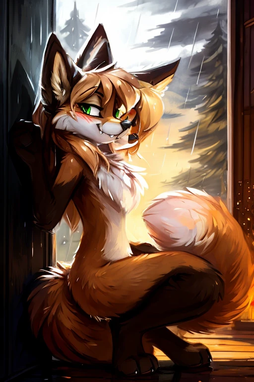 uploaded to E621, by kenket, by Kilinah, by Einshelm, by fluff-kevlar, by foxovh, beautiful and detailed portrait of an anthropomorphic vixen ((female))), (detailed averi), (detailed lighting), (detailed fur), (detailed breasts), BREAK, (cinematic lighting), ((detailed background)), ((depth of field)), (half body shadow), ((looking at viewer)), [backlighting], [detailed ambient light], [ambient light on the belly], [realistic proportions], [explicit content, adult, nsfw], [sharp focus], (questionable content), (shaded), (hi res), ((masterpiece)), (Averi, Fox girl), (anthro, fluffy fur), anthro fox girl, body fur, curvy, sexy, nice, cute, hot, sassy, sassy hips, (Averi, Fox girl), green eyes, solo, blush, flat chest, chest fluff, speech bubble, heart, hearts, side view, raised leg, half-open eyes, shy, coy smile, smile, fangs, exclamation mark, wet fur, raining, foggy, tree, body tilted backwards, leaning back towards wall, crouching, side view, night
