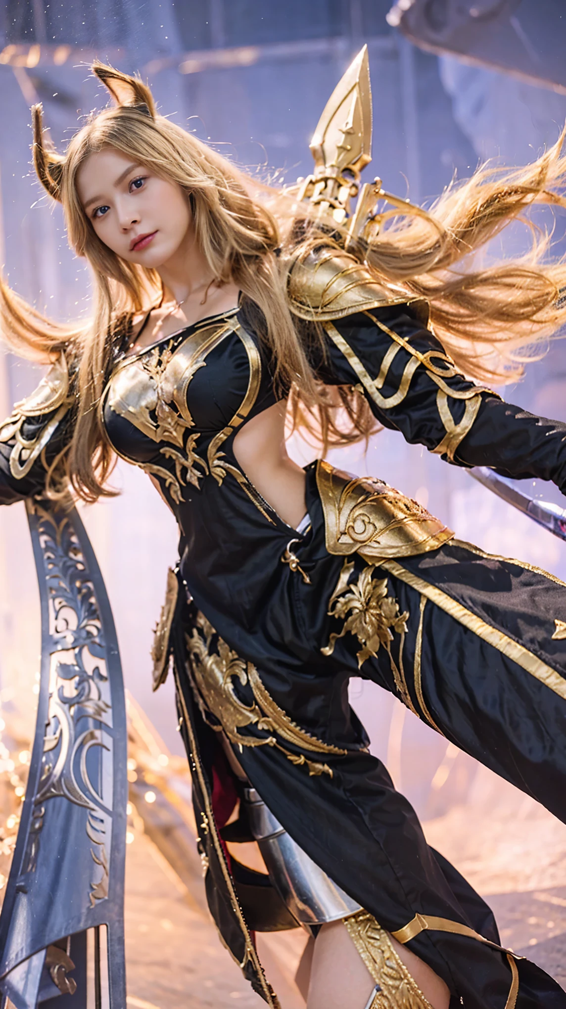 The image features a female character with blonde hair, blue eyes, and a black and gold armor. She is holding a sword with a red hilt.