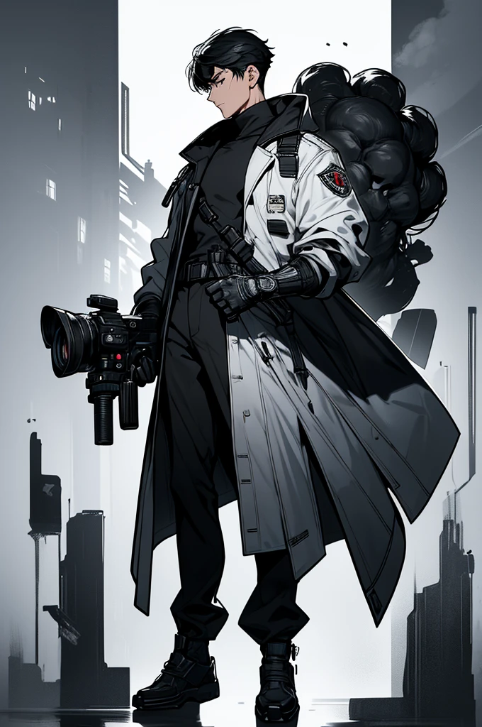 masterpiece, very detailed, 4K, 8K, 32,000, convoluted, (((1st son))), ((black hair)), ((no background)), white background, 20 years old, (((the same character))), dynamic pose, Anatomically correct hand, Modern clothing, Detailed clothes, (slim body), (camera focused on face in profile) (cold colors dim lighting) black hair eyes black (perfect face) ,character design police man, full body, black hair, Composition looking straight ahead, standing posture, soldier, {full body}, standing with gun in arm, handsome