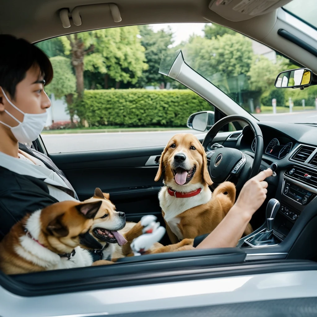 A dog driving a car on an avenue, the car is seen from the front with the dog driving