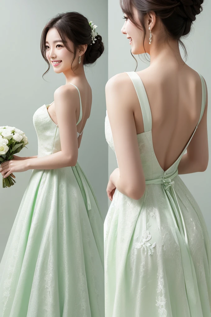 Back view、smile、A green wedding dress with a bit of back、Beautiful Skin、White background、One Korean woman、8K Camera