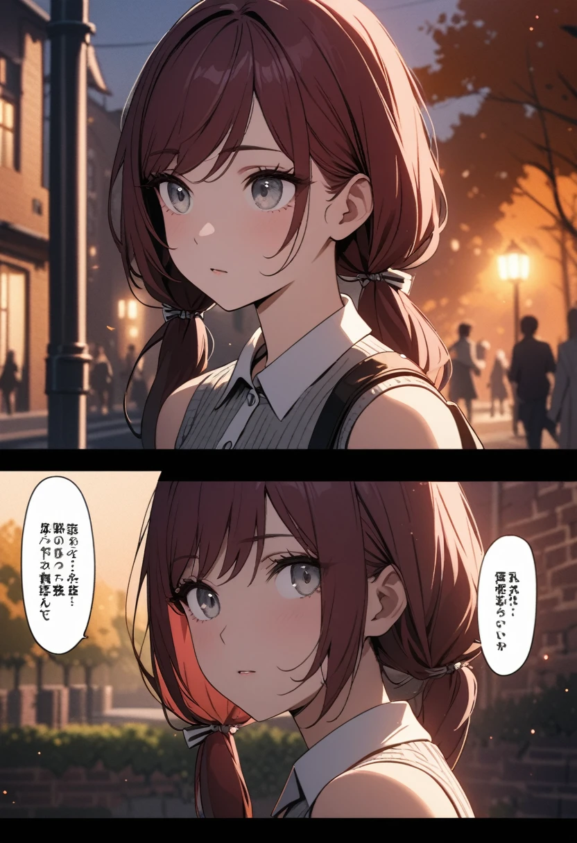 ((comic strip, speech bubbles, manga)), (masterpiece:1.2, Best Quality), (finely detailed beautiful eyes: 1.2), (beautiful detailed face), High contrast, (Best Illumination, extremely delicate and beautiful), ((Cinematic Light)), Highest Quality, masterpiece, light particles, close up of young woman leaving college campus at dusk, gray eyes, dark red hair in low twin tails, swept bangs, eyelashes, stoic, gray sleeveless sweater with white vertical stripes, white sleeveless collared shirt, gray skirt, satchel, bows, looking to the side, upper body, small breasts, toned arms, bare arms, brick building in background, lamp posts, people in background, trees, autumn, dark atmosphere, slate colors, light particles, highest quality, masterpiece