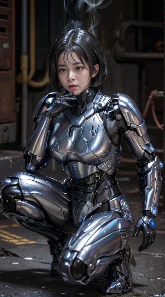 ((Middle-aged women))Textured skin, Super detailed, Attention to detail, high quality, 最high quality, High resolution, 1080P, , (Lie on your back)beautiful,(War Machine),beautifulサイボーグ女性,Mecha Cyborg Girl,()((Heavily damaged armor)),A woman with a feminine mechanical body、Kind Face　Black-haired,Full Body Shot)、、A lot of sweat on the face、A blank look、Sleep on your back、Turn your face at an angle、Open your mouth((Sticking out tongue)、Smoke comes from the whole body((There are deep cracks in the armor all over his body.))(Short-haired　Spread your legs　is visible　squat　water　Chiquita　((Embarrassed expression))