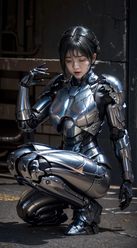 ((Middle-aged women))Textured skin, Super detailed, Attention to detail, high quality, 最high quality, High resolution, 1080P, , (Lie on your back)beautiful,(War Machine),beautifulサイボーグ女性,Mecha Cyborg Girl,()((Heavily damaged armor)),A woman with a feminine mechanical body、Kind Face　Black-haired,Full Body Shot)、、A lot of sweat on the face、A blank look、Sleep on your back、Turn your face at an angle、Open your mouth((Sticking out tongue)、Smoke comes from the whole body((There are deep cracks in the armor all over his body.))(Short-haired　Spread your legs　is visible　squat　water　Chiquita　((Embarrassed expression))