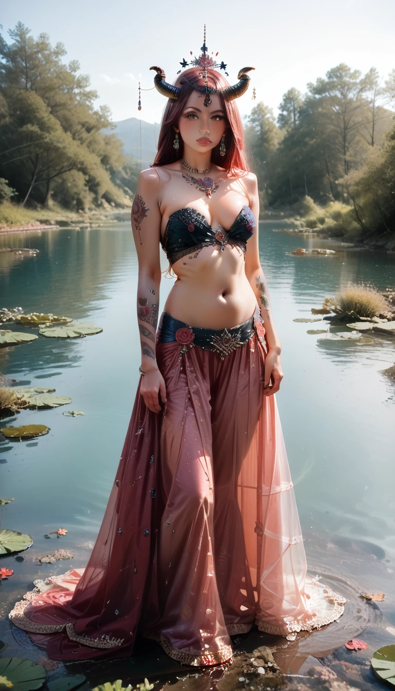 imagine a uhd/hd, highly detailed, full body photorealistic image of a stunningly beautiful demon girl. She is levitating on top of a glowing stone in a beautiful lake full with beautiful pink_Lotus. Her face is drawn extremely detailed with all her facial features symmetrical. Her eyes and red pouting lips are intricately drawn full of seductive expression. She has intricately carved horn and a long tail, both decorated with embroidery and beautiful stones. She has colourful glowing tattoos on her belly. She has a deep sexy navel.her intimate parts are hidden only with flimsy jewellery. Her skin is drawn ultra realistic with lot of detail . Her hair is very long and shiny, adorned with intricate jewellery. Her feets are decorated with beautiful colourful tattoos.