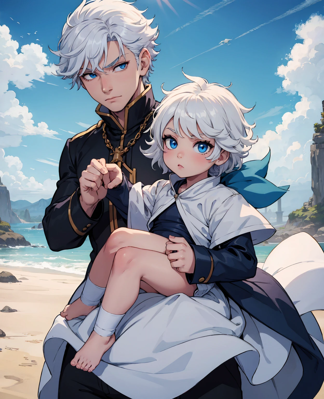 Toddler, 1boy, white hair, blue eyes, tyrany king
