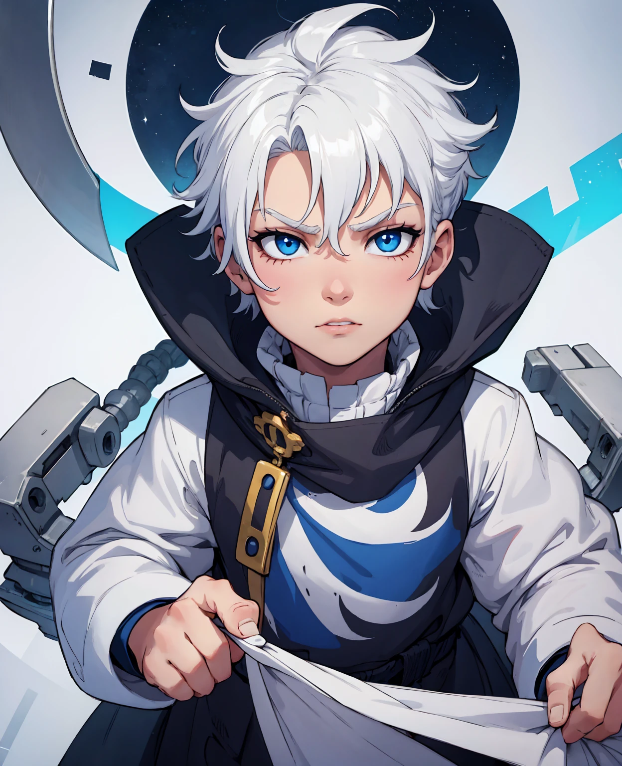 Toddler, 1boy, white hair, blue eyes, tyrany king