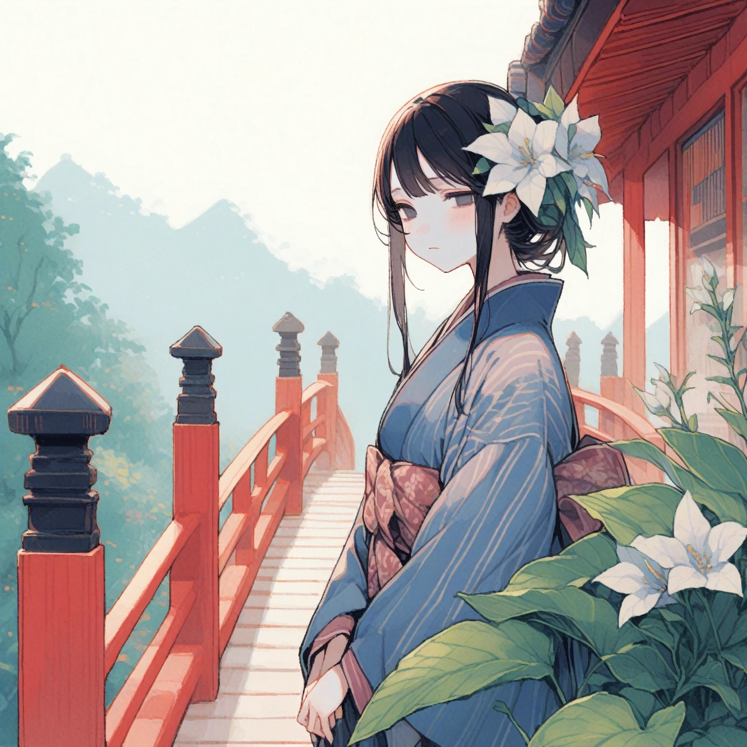 1girl、Hosta、「Sedation」、Standing quietly on the railing of a vermilion-painted wooden bridge、Heian period、hosta spp.、Cold look、Hollow Eyes、half closed eyes、tegaki