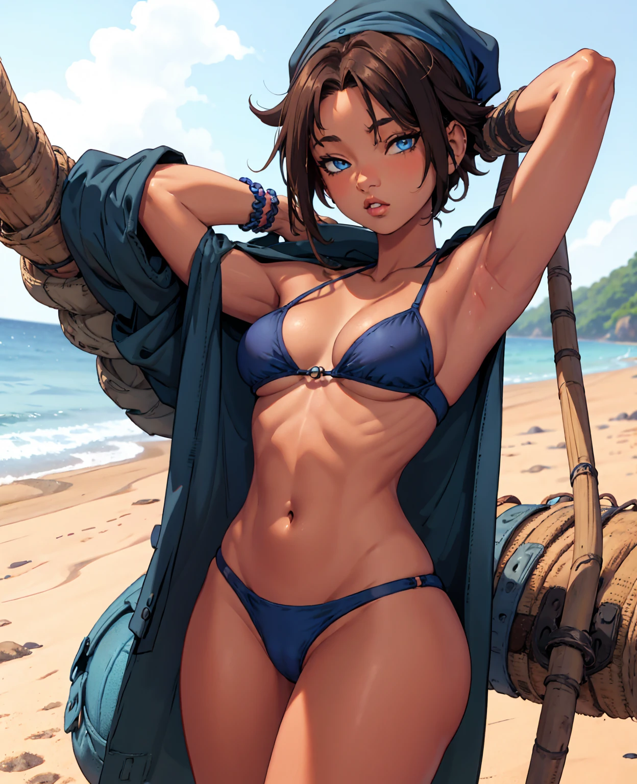 1girl, Maypokemon, blue bandana, brown hair, short hair, blue eyes, posing in a blue bikini with her arms up, breasts, cleavage, thighs, beach, 