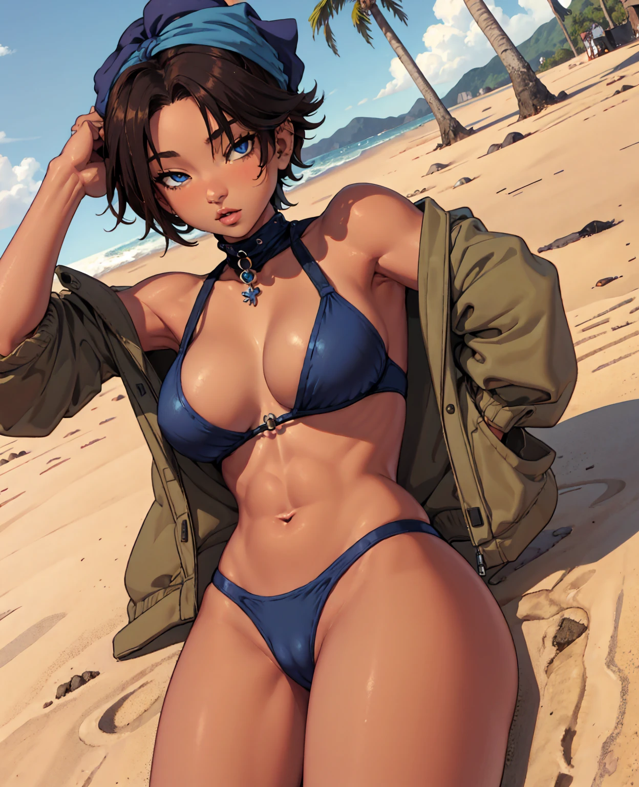 1girl, Maypokemon, blue bandana, brown hair, short hair, blue eyes, posing in a blue bikini with her arms up, breasts, cleavage, thighs, beach,