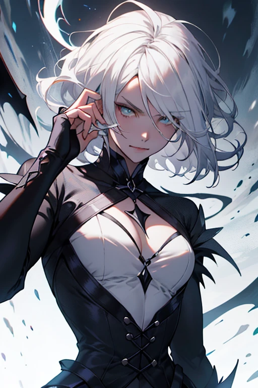 solo、Portrait、Upper body big、Narrow waist、Wide Hips、Slim grey hair、Straight short hair、Blunt bangs、Hair above one eye、Elf Ears、Red eyes、black sclera、Grey Skin、eyeliner、Black chest curtains、Cleavage、Side bust、abdomen、belly button、Black detachable sleeve 2D、An illustration ((sketch:1.2)) symbol、magic、Ink stain background