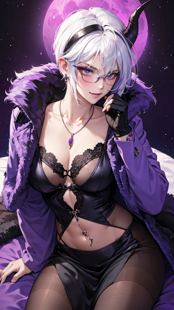 8k, masterpiece, best quality, highly detailed, 1 girl, tiefling, warlock, multicolored hair, very short straight hair green highlight hair on white hair, strippled hair, wearing glasses, round glasses, earrings, red eyeshadow, long eyelashes,navel piercing, blushed cheek, necklace, rings, collarbone, mole, glamorous, purple and teal clothing, villainy, smirk, seductive face, close up view, rings, looking at viewer, demon horns, solo, royal dress, black lace gloves, fur coat, palace, blue pale moon, sitting on throne