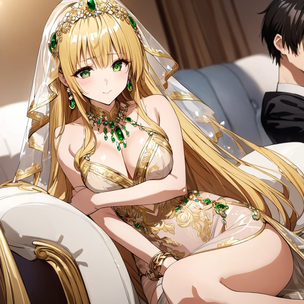 ((Highest quality)), ((masterpiece)), (detailed), (Perfect Face)、Mother and her 16-year-old daughter are close together、The woman was a tiare with green eyes and medium-long blonde hair, and was wearing a luxurious, shiny, gold-colored, long-slit see-through dress with gorgeous embroidery and trim, which allowed her skin to show through, a gold-colored see-through cape, and a gold-colored see-through veil. She was wearing a gorgeous jeweled hair accessory, a jeweled head dress chain, a jeweled waist chain, a gorgeous necklace, bracelets, ankle bracelets, jeweled earrings, and shiny gold boots. She was also wearing an engagement ring.、The woman is sitting on a luxurious sofa in a luxurious room with her 16-year-old daughter and a man, enjoying a family gathering.、The man is a dignified, bearded, elderly man of great wealth, wearing luxurious clothing with gold embroidery and trim.、The , who resembles the woman, is wearing the same clothes as the woman and hugging her mother.
