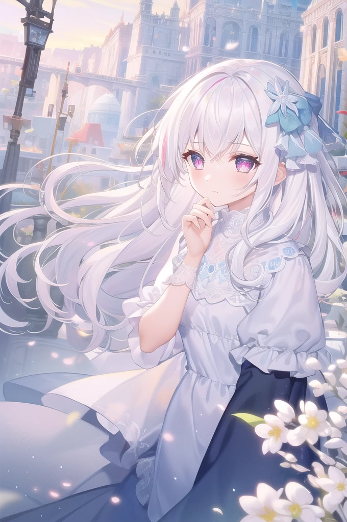 ((masterpiece, best quality))++, Detailed lighting+,  Detailed hair+, Detail hand+ ,1 girl, Miss, Long hair,   Crimson eyes,  beautiful eyes, young white hair,,(Beautiful white hair:1.5),(Beautiful and delicate eyes),  high resolution+,glass tint, Reflective eyes,   {{angle}} , Very detailed wallpaper, The original, ,Sea of Flowers，Air bangs，city road，Extremely beautiful CG，