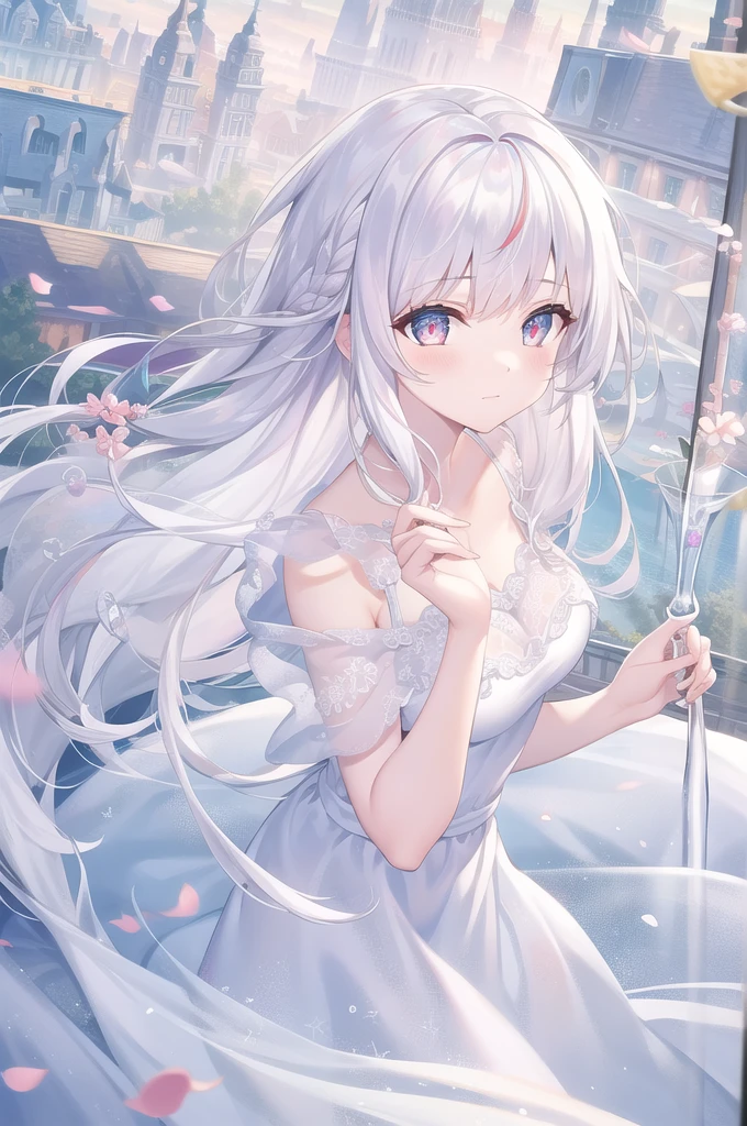 ((masterpiece, best quality))++, Detailed lighting+, Detailed hair+, Detail hand+ ,1 girl, Miss, Long hair, Crimson eyes, beautiful eyes, young white hair,,(Beautiful white hair:1.5),(Beautiful and delicate eyes), high resolution+,glass tint, Reflective eyes, {{angle}} , Very detailed wallpaper, The original, ,Sea of Flowers,Air bangs,city road,Extremely beautiful CG,