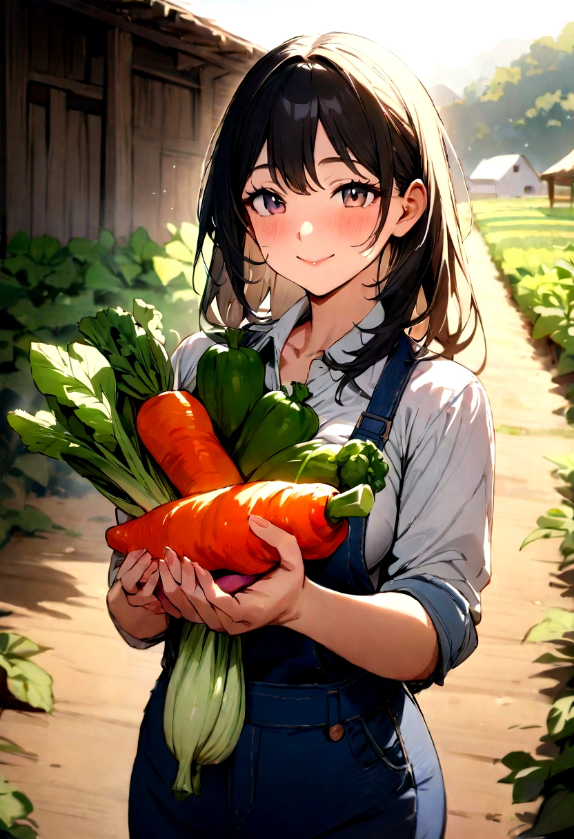 (masterpiece),(((Highest quality))),(Wife),(Farmer),Holding fresh vegetables in both hands,smile