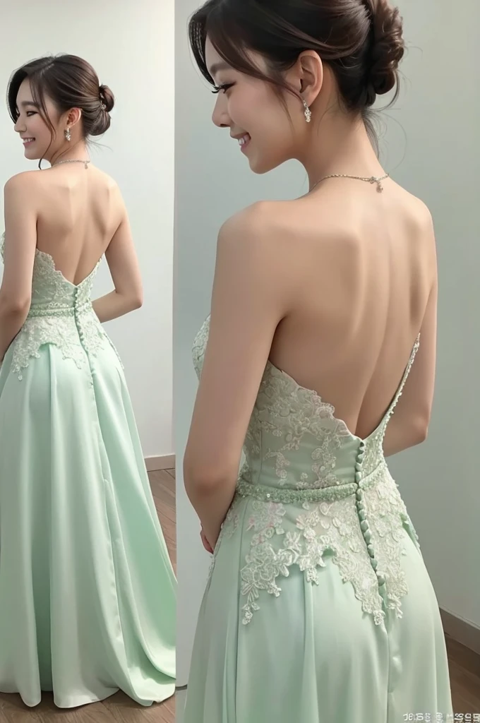 Back view、smile、A green wedding dress with a bit of back、Beautiful Skin、White background、One Korean woman、Ultra-high quality camera
