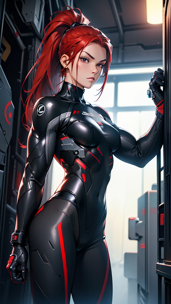 Beautiful 18yr old cybernetic girl detailed muscles realistic masterpieces full figure pose (best quality,ultra-detailed), red hair, ponytail, fair skin, fit body, slim figure, narrow waist, (cocky expression), black carbon fiber cybernetic spacesuit, dynamic pose