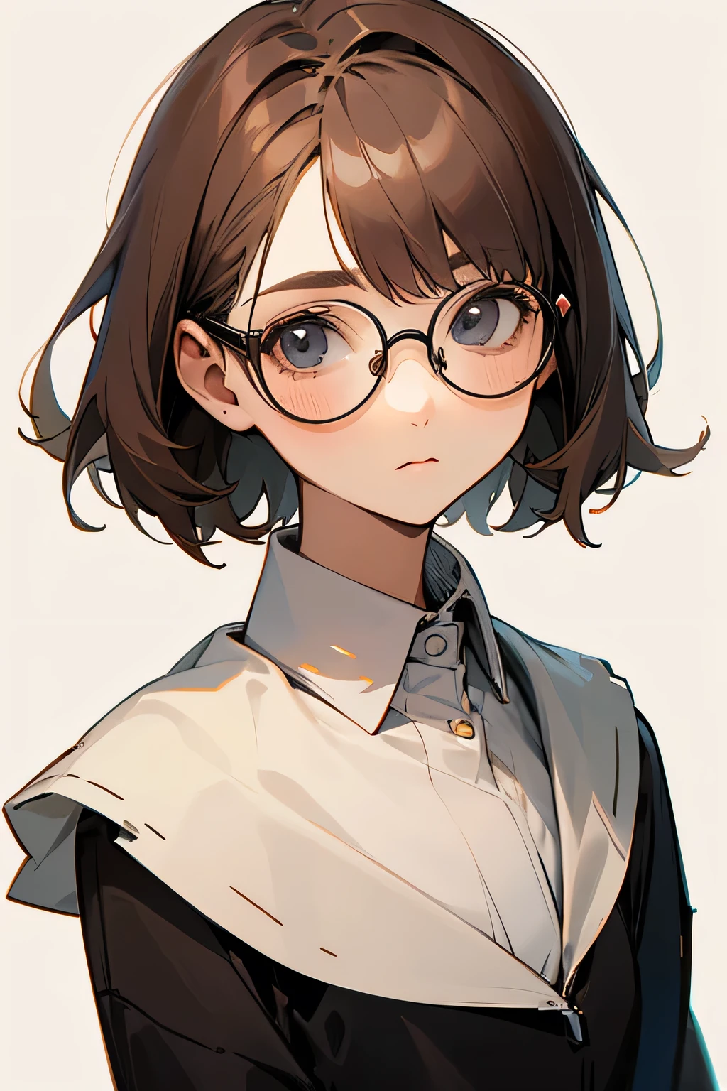 1 girl, gray eyes, gray with a brown tinge of hair, short hair with bangs, wears round glasses, wears a gray-brown long-sleeved sweatshirt with craters, short skirt light-brown, looks at the viewer, is very embarrassed, blush, sweat on her face, against the background of the cosmic sky, next to the sun, beautiful, detailed, delicate tones