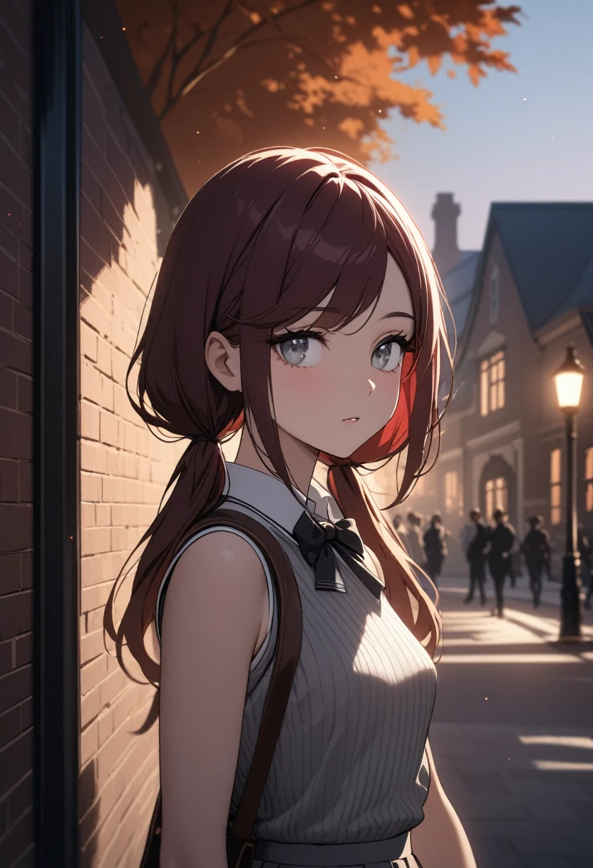 (masterpiece:1.2, Best Quality), (finely detailed beautiful eyes: 1.2), (beautiful detailed face), High contrast, (Best Illumination, extremely delicate and beautiful), ((Cinematic Light)), Highest Quality, masterpiece, light particles, close up of young woman leaving college campus at dusk, gray eyes, dark red hair in low twin tails, swept bangs, eyelashes, stoic, gray sleeveless sweater with white vertical stripes, white sleeveless collared shirt, gray skirt, satchel, bows, looking to the side, upper body, small breasts, toned arms, bare arms, brick building in background, lamp posts, people in background, trees, autumn, dark atmosphere, slate colors, light particles, highest quality, masterpiece