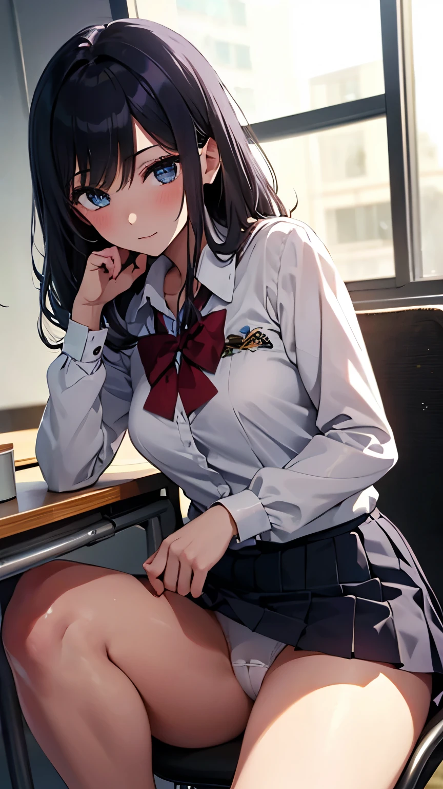 8K, A masterpiece of softcore pornography shot by Kishin Shinoyama, Bast quality,big, RAW Photos, (Ultra-thin contour lines), (1 Girl), Akane Kurokawa, Akane Kurokawa, Dark Blue Eyes, Star-shaped highlight eye, Dark blue-black hair, Middle hair, Professional Lighting, (Shiny skin: 1.2), shiny big, ((Highest quality)), Sharp focus: 1.2, Highly detailed face and skin texture, Fine grain, Perfect Face, Perfect body, Blur Art, CG, background, milk, in front (18-year-old, Cool and beautiful girl face), wear ((School uniform)), thigh), blush, (Porn Cosplayer), (Camel Toe, White panties), Gravure idol style table, She rolled up her skirt to avoid the heat、I sat on the desk with my knees raised.。., My favorite girl, Browsing Caution,