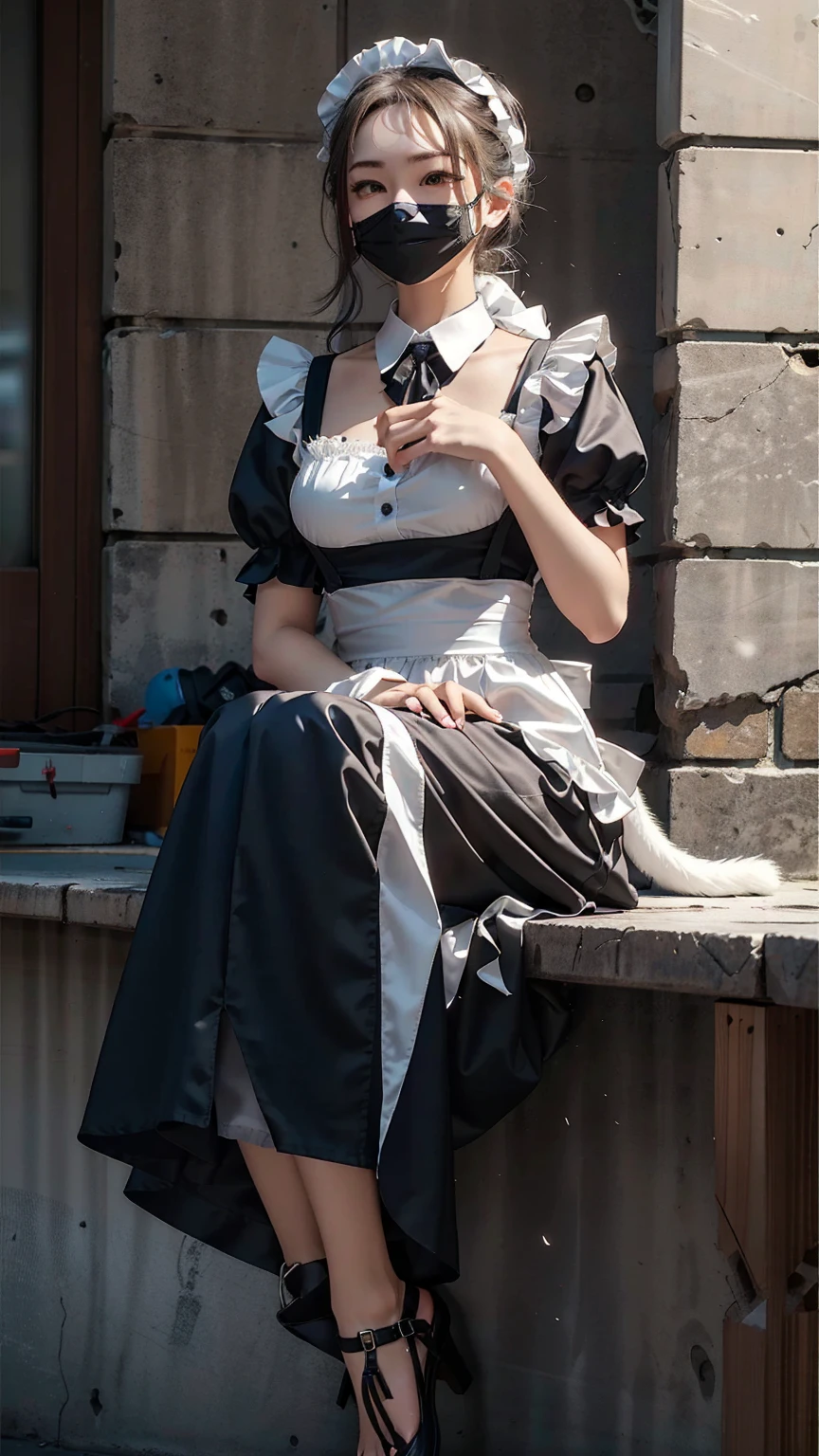 (Highest quality, masterpiece:1.2), pressure, 1 female maid, Cat in the face, Super giant, Building Sheet, 10,000-foot-tall giantess。She is sitting。She's bigger than a skyscraper。Small Town、Depth of written boundary, High resolution, 超High resolution, 8K, Very detailed, Realistic, Sun light, Maid work clothes。Ribbons, lace, frills and miniskirts。Giantess Elements、Draw a woman in a big way、 Aerial perspective, aerial photograph, Small big city。