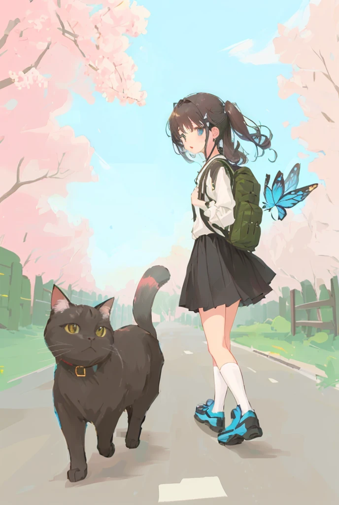 Cartoon girl with backpack walking down the street with a cat,Spring Butterfly々, ジブリAnime Styleのスタイル, There is a cat next to her, Anime Style, Anime Styleに,Japanese anime style、Black cat、cherry blossoms、garden、blue sky、Detailed、Mastepiece、8K、high quality、Detailedモチーフ