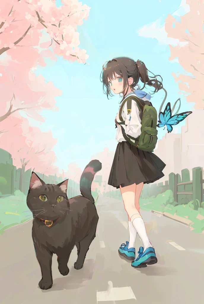 Cartoon girl with backpack walking down the street with a cat,Spring Butterfly々, ジブリAnime Styleのスタイル, There is a cat next to her, Anime Style, Anime Styleに,Japanese anime style、Black cat、cherry blossoms、garden、blue sky、Detailed、Mastepiece、8K、high quality、Detailedモチーフ