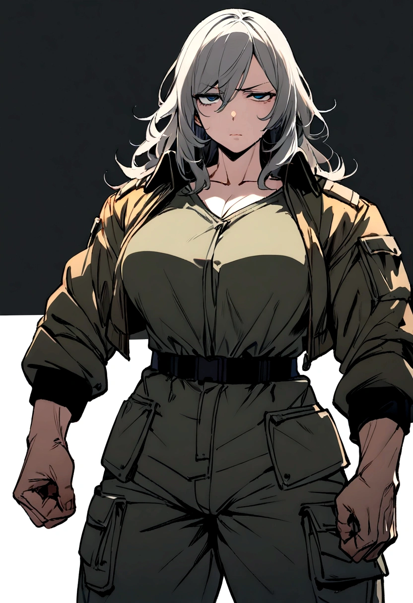 (one mature female),(solo),parietal, girl,human,(manly:1.5),broad shoulder, gray hair,((Shoulder length hair)), navy blue eyes,half opened eyes, ((sanpaku)),Muscular,Brawny,Buff, ((bad mood)),jitome,slant eyes, sharp eyes,half opened eyes, flight jacket,cargo pants, covered all over,((cowboy shot)),standing, ((Flat lighting)),natural lighting, (((no background))),((simple background)), (white background), ((masterpiece)), (best quality), (ultra-detailed),(perfect anatomy), high resolution,detailed line art, sharp focus,color illustration,