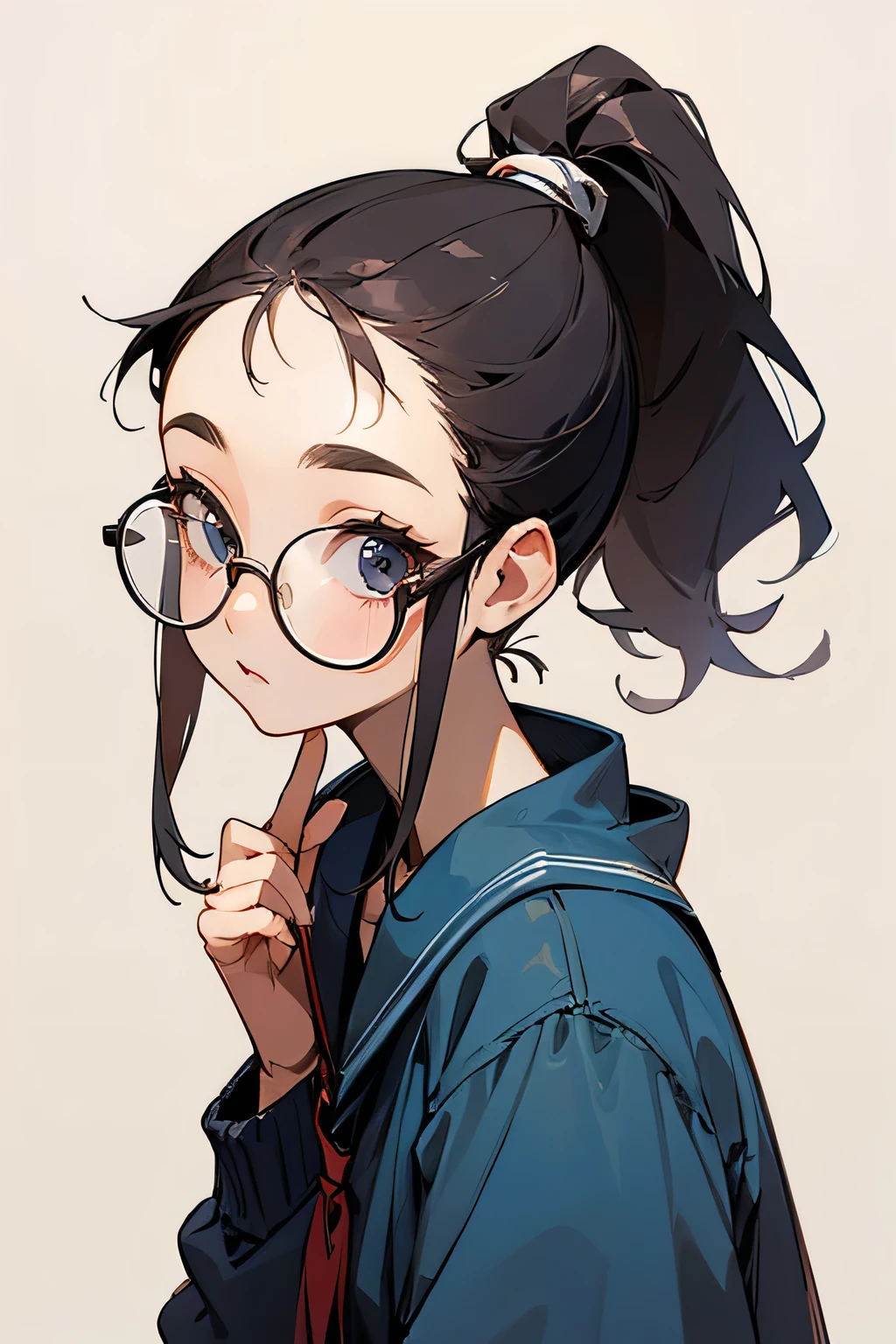 Cute girl, 16 years old, round glasses, ponytail, pretending to tie her hair.