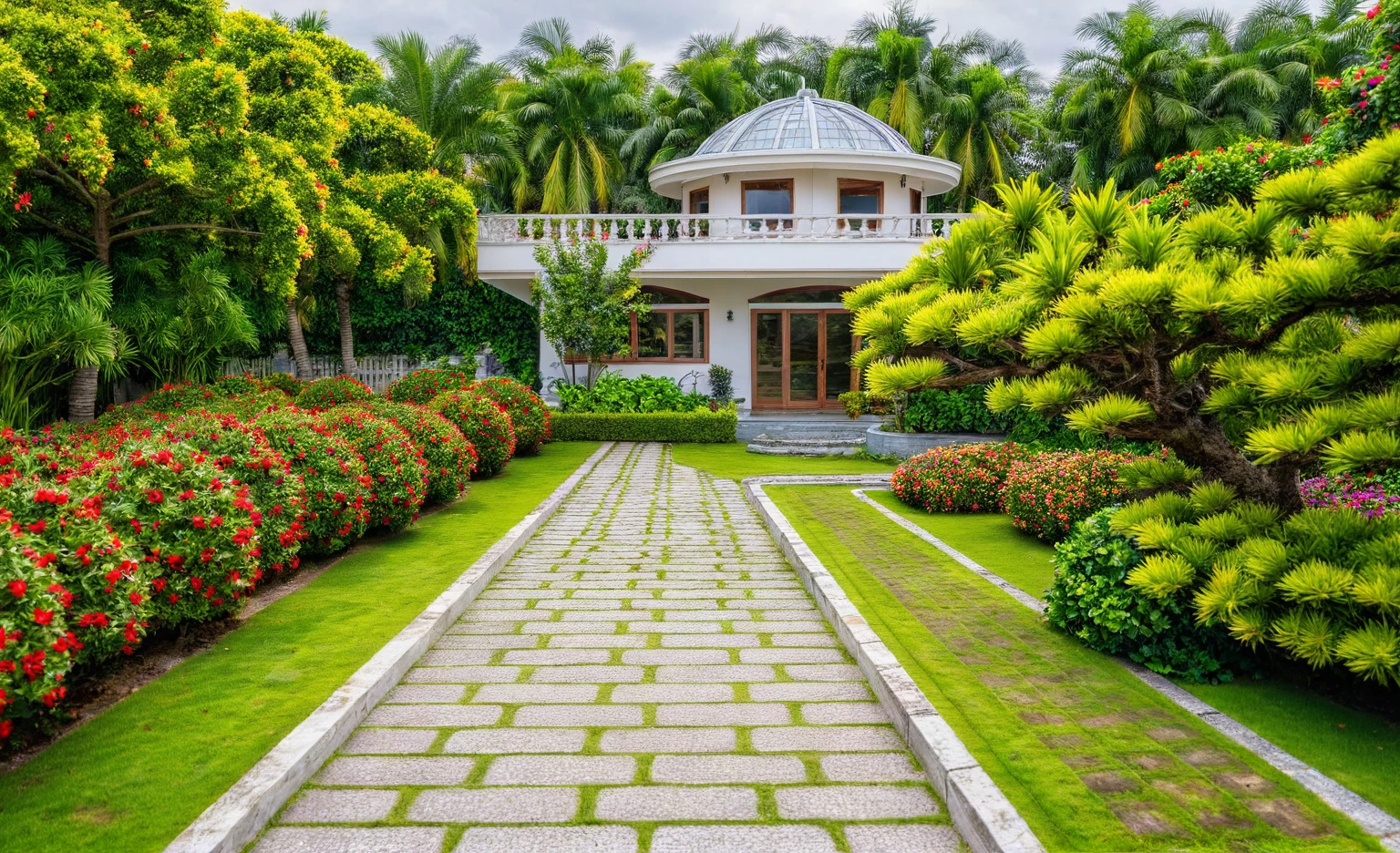 Moderntropicalgardern,aiaigroup, aerial view, outdoors, garden, tree, east asian architecture, rock, stone, flower, daylight,  house,Beautifully designed garden mandarin branches