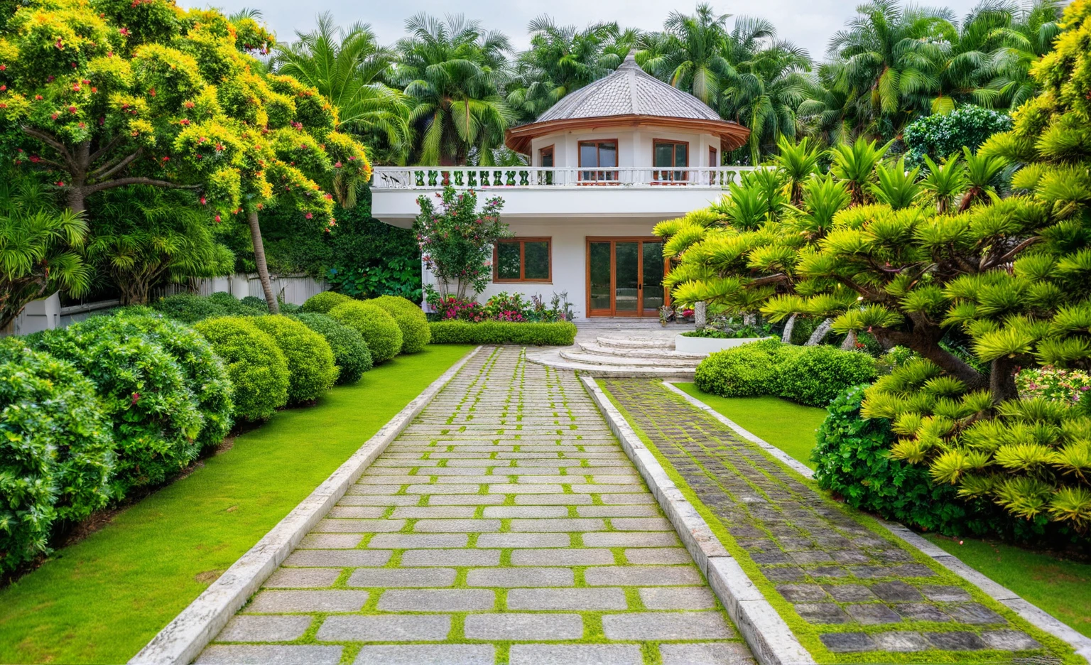 Moderntropicalgardern,aiaigroup, aerial view, outdoors, garden, tree, east asian architecture, rock, stone, flower, daylight, house,Beautifully designed garden mandarin branches