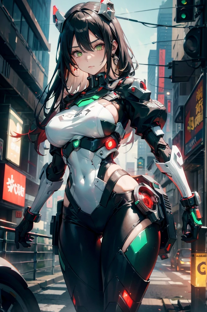 1 girl, Solitary, Colorful, Green Eyes, Black and white mixed with red Cyberpunk, Mechanical Scrap Zone, city View, earrings, long, Messy white hair, Mechanical Hat, Mechanical Body, Robotic Arm, Mecha, , Mechanical Maiden, Neon, Beautiful Lights, character focus, CG Illustrations, Half-length photo, 8k resolution, Very detailed, Anatomically correct, number, Concept Art, Clear images,((Huge breasts)),Grooves reveal original skin