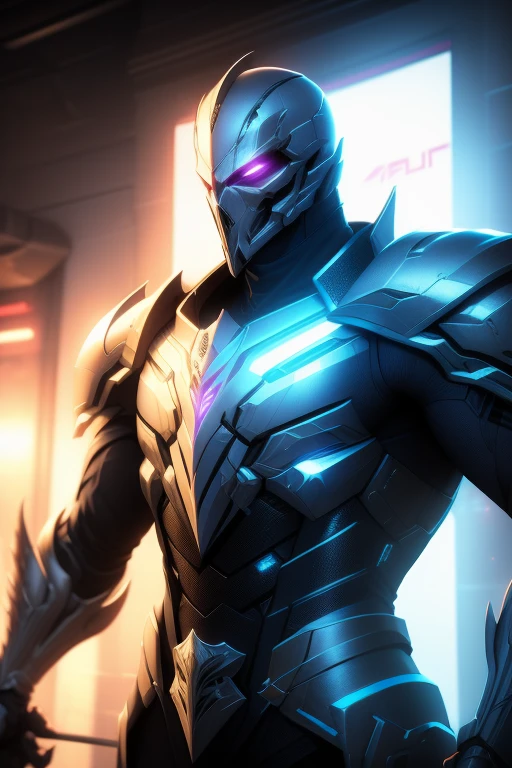 a male assassin in cyberpunk white light armor, anti-hero overlord wearing a skull mask, detailed facial features, highly detailed, cinematic lighting, dramatic pose, gritty urban environment, neon lights, moody color palette, hyper realistic, 8k, photorealistic