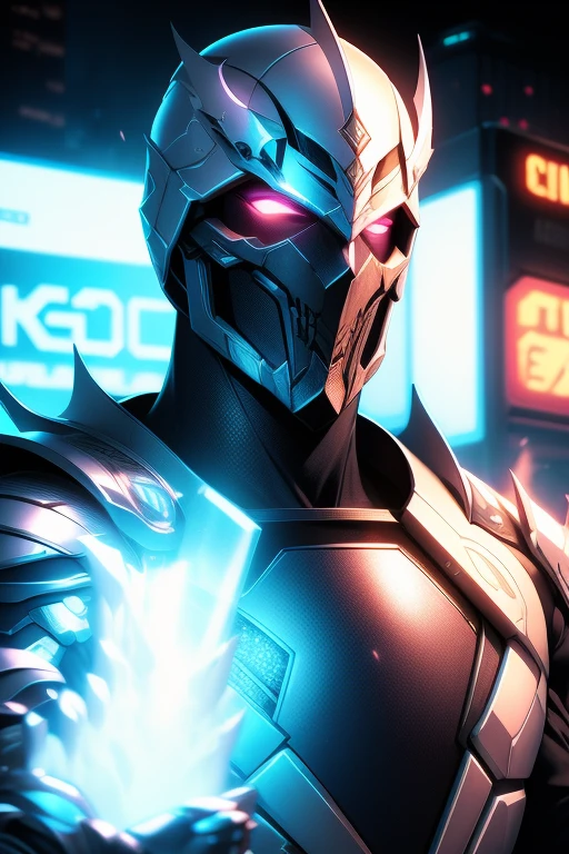 a male assassin in cyberpunk white light armor, anti-hero overlord wearing a skull mask, detailed facial features, highly detailed, cinematic lighting, dramatic pose, gritty urban environment, neon lights, moody color palette, hyper realistic, 8k, photorealistic