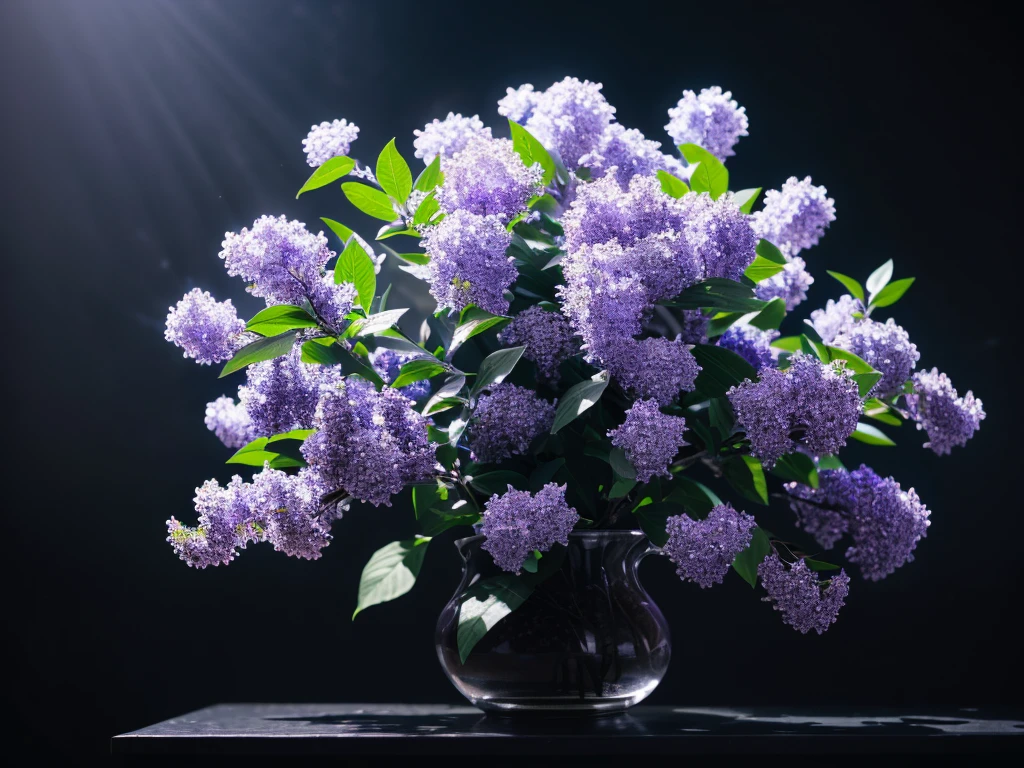 a beautiful lilac flowers,detailed flower petals,delicate lilac flowers,stunning lilac bouquet,vibrant lilac flowers,soft lilac blooms,lush lilac flowers,intricate lilac blossoms,realistic lilac floral,dramatic black background,moody black backdrop,high contrast black and purple,dark and elegant,cinematic lighting,dramatic shadows,photorealistic,8k,high resolution,masterpiece