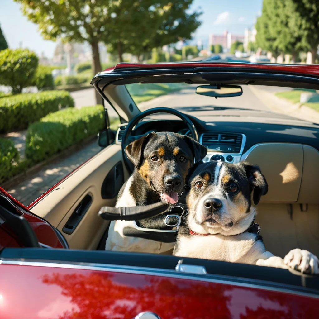 A dog driving a car on an avenue