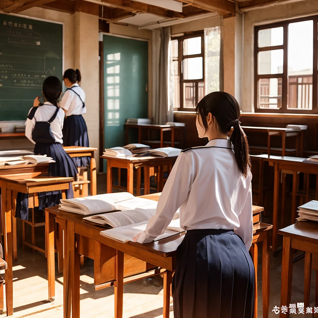 united china, classroom, uniform, of the highest quality, Very detailed, realistic shadows, realistic texture,backwards,a little bent over showing her vagina,showing the ass,big ass,