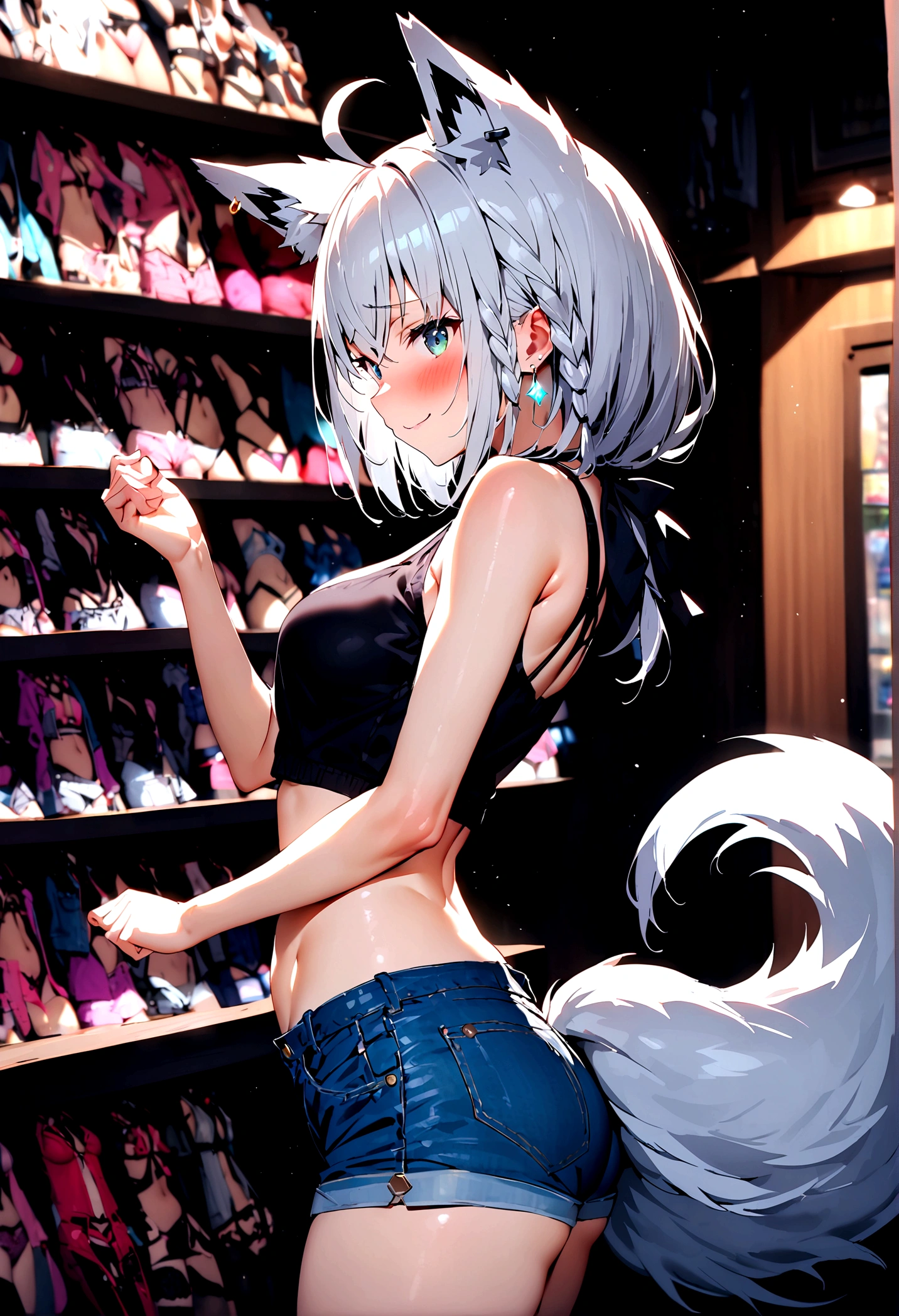 NSFW,masterpiece,Highest quality,High resolution,Super detailed,Shirakami Fubuki\(Hololive\),Gray Hair、One-sided braid、Ahoge、Earrings,Fox ears,Fox tail,Jacket,Crop top shirt,Low-rise denim shorts,Embarrassed,blush,Expecting face,Bewitching Smile,Sexy smile,(Adult Shop),(Underwear section),(Naughty shop),Cute pose,Date,(Seduce),From the side