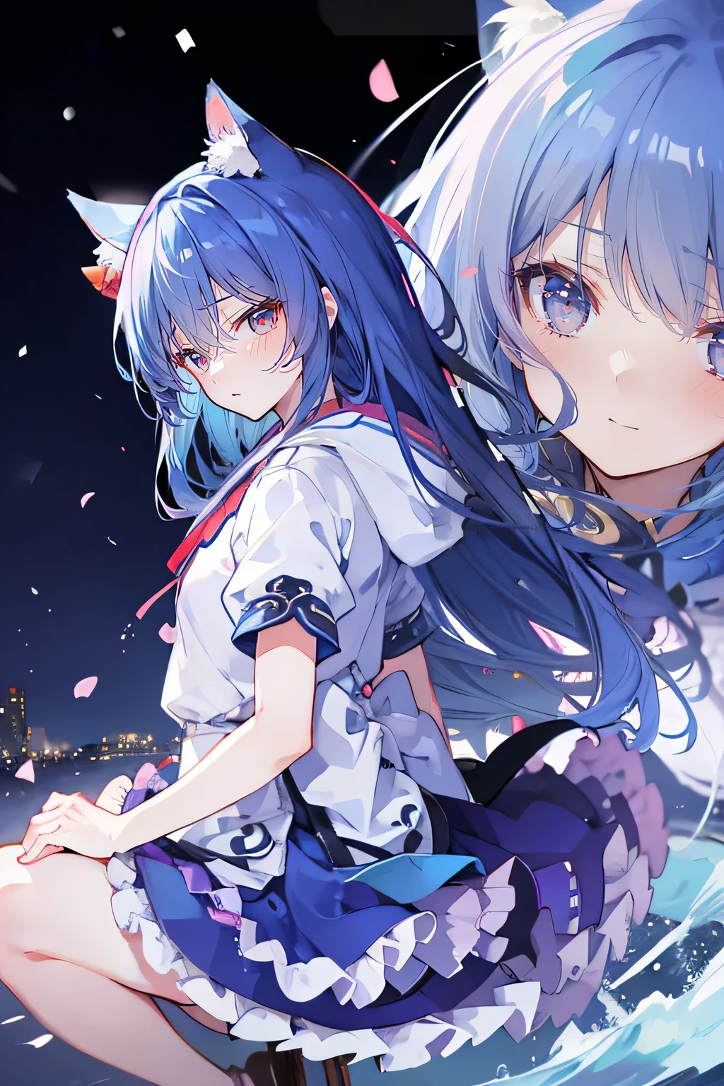 (masterpiece:1.2),Super detailed,lifelike,Expressive eyes,fair skin,perfect face shape,1 girl,
Japanese comics,Gorgeous blue hair,flowing blue hair,flowing clothes,Cat ears,Petals fall,beautiful lola,Baby Angel,
Shaking head with one hand,Cross your legs,Gentle and peaceful background,The pavilion is cool and comfortable,smile, wearing hoodie, background of tokyo,back views,snowing, winter,Angel wings,The world is open,shameful expression、Upper Body、close up、coat、skirt