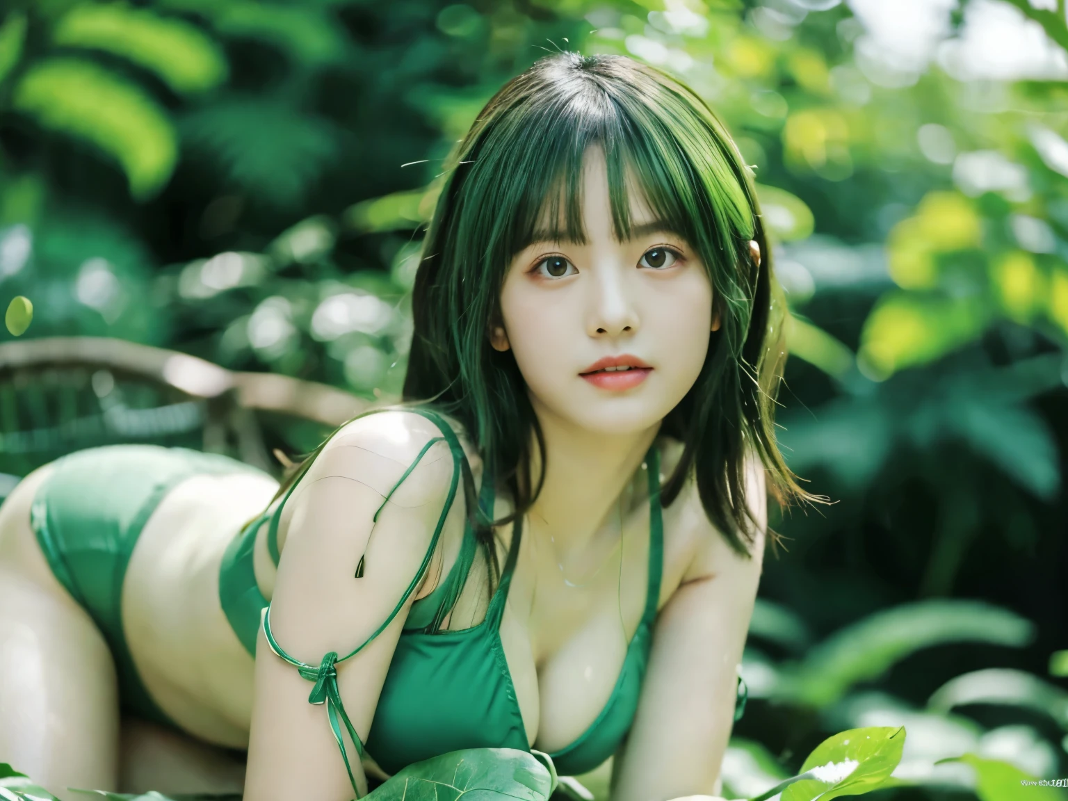 "8K resolution, RAW Photo Quality, Masterpiece level: 1.2, photo realistic style: 1.4, Highly detailed 8k wallpaper, Cinema Lighting, Sharp focus, whole body, 18 year old idol, Perfect and glowing skin, Green Hair, Green Hair, Green Hair, Green Bikini, Lush and vibrant gardens, Sensual elegance, Charm and tranquility, Nature Connection, Dense rainforest, Gorgeous gardens, Lush greenery, Unusual flowers, Grapevine, Richness of nature, Sexy pose, thin, Mysterious atmosphere."