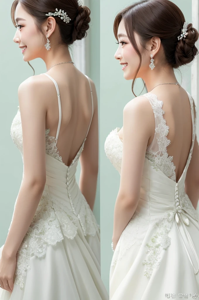 Back view、smile、A green wedding dress with a bit of back、Beautiful Skin、White background、Korean women、Ultra-high quality camera