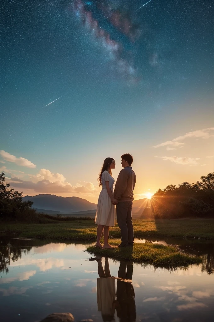 A serene scene of two hands clasped together, symbolizing unbreakable bond and trust. The background is filled with a soft, warm glow, suggesting love and . Include elements of friendship and future dreams, such as a starry night sky or a sunrise over a peaceful landscape. Add a reflective element, like a mirror or a shadow, to convey introspection.